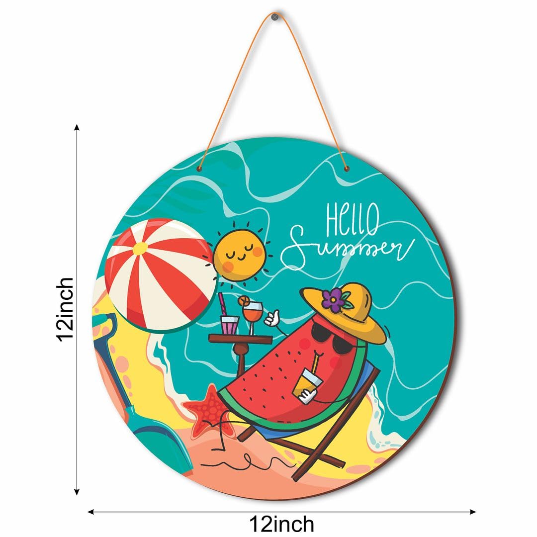 CVANU Hello Summer & Beach Side Round Shaped Wooden Wall Hanging for Wall Decoration (12inchX12inch)_W280